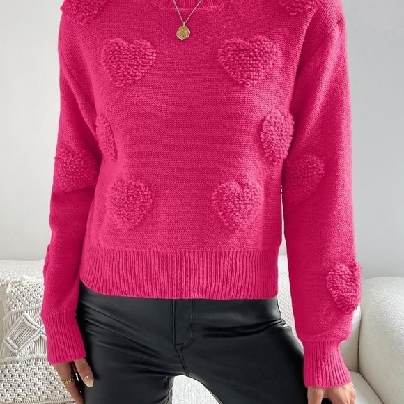 Pink Casual Womens Heart Knit Drop Shoulder Sweater - Picture 3 of 5